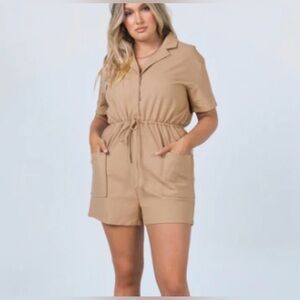 Princess Polly Short Sleeve Utility Romper in Tan